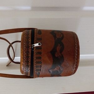 Brown Leather Crossbody Bucket Bag Top Handle Purse 7" Length Lined Zip Closure